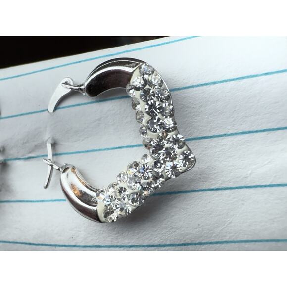 925 Sterling Silver Crystal Hoop Earrings Heart Pattern - Picture 5 of 9